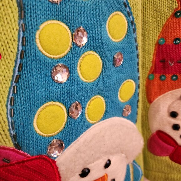 Heirloom Collectibles Christmas Collection Snowman Green Cardigan Sweater XL Cot - Picture 11 of 13